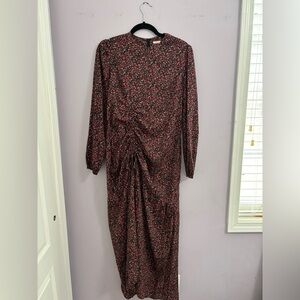 Black Floral Long-Sleeve Ruched Midi Dress